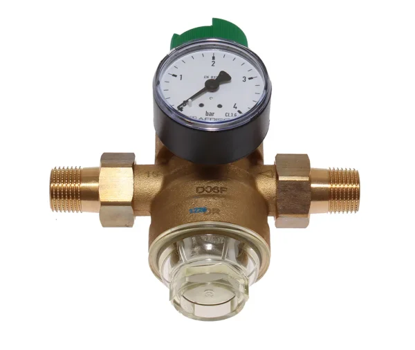 Reduktor ciśnienia Honeywell ze wskaźnikiem od 1,5 do 6 Bar, gwint 12 cala, mosiężny Reduktor ciśnienia Honeywell ze wskaźnikiem od 1,5 do 6 Bar, gwint 1/2 cala, mosiężny